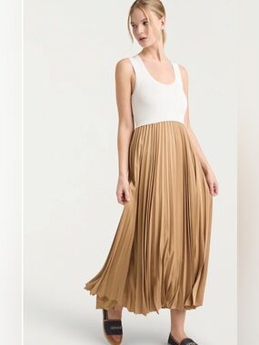 cinq a sept Parma Dress White and Camel Pleated Satin Maxi Skirt